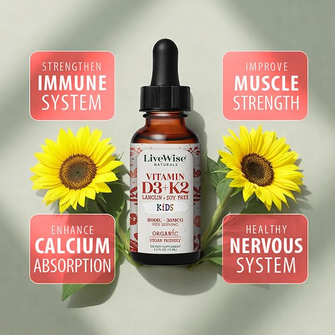 Live Wise Naturals Vitamin D3 K2 Kids Liquid Drops - 112 Servings Ultra Concentrated Formulation Fast Absorption 800 IU &amp 35 MCG for Calcium &amp Bone Support - Daily Nutritional Support Parent