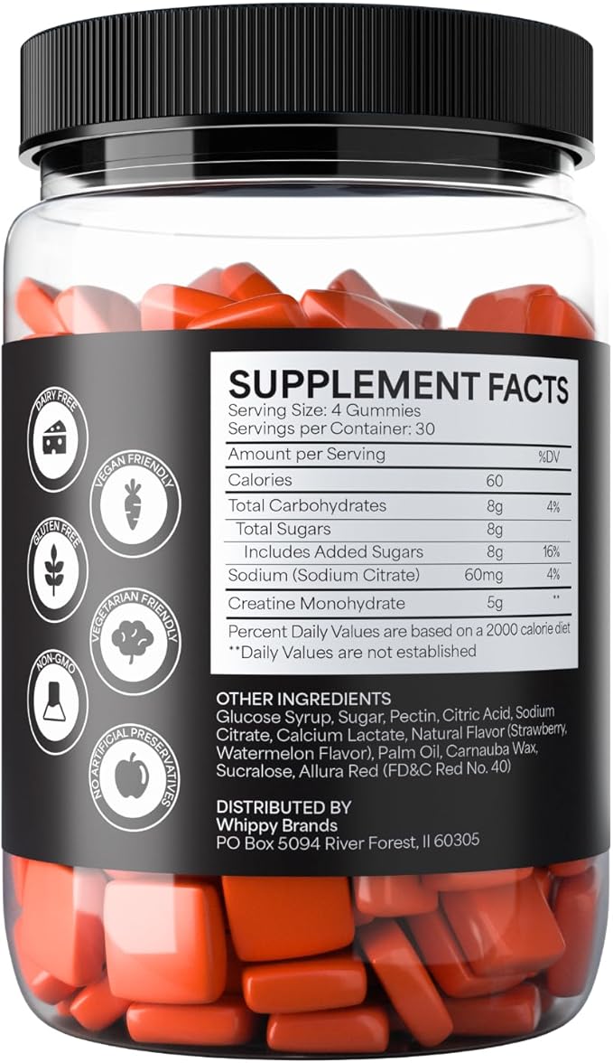 Creatine Gummies | 5g Creatine Monohydrate per Serving | Muscle Strength &amp Recovery | Chewable Creatine Supplement | 30 Servings (Strawberry Watermelon)