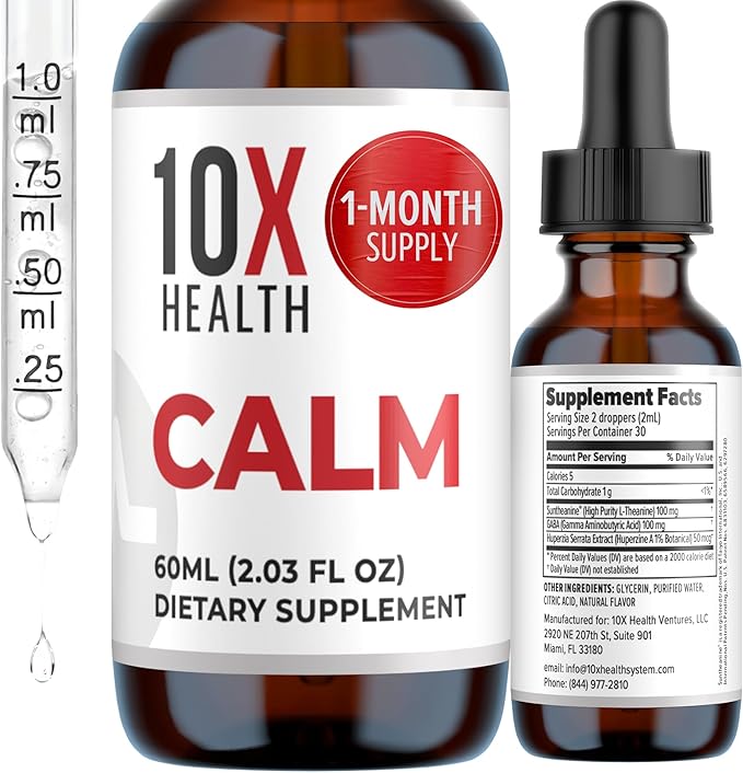 10X Health Calm L Theanine Supplement Liquid Drops - 100mg L'Theanine Drops &amp 100mg GABA Supplements to Support Nerves Calm &amp Stress - Natural Flavor 2.03 Fl oz.