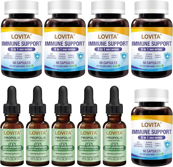 LOVITA 10-Piece Mega Immune Bundle - 5 Propolis Drops &amp 5 Immune 8-in-1 Capsules Comprehensive Health Kit