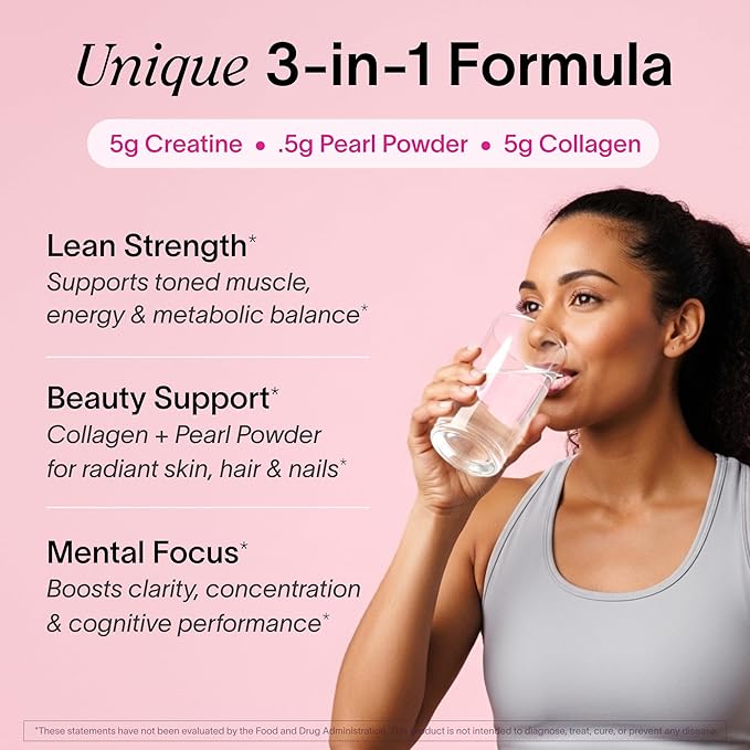 Ladywell Creatine Pearl Complex | 3-in-1 Formula for Women | Creatine Monohydrate Collagen &amp Pearl Powder | Supports Energy Skin Health Mental Clarity Metabolism &amp Lean Muscle | 30 Serving
