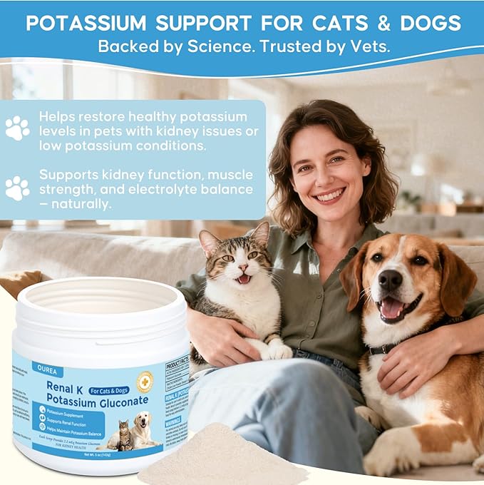 Renal K Potassium Gluconate for Dogs and Cats – 2.2 mEq per Scoop – Supports Kidney Function Restores Potassium Levels – Boosts Energy – Muscle Strength – Vet-Recommended