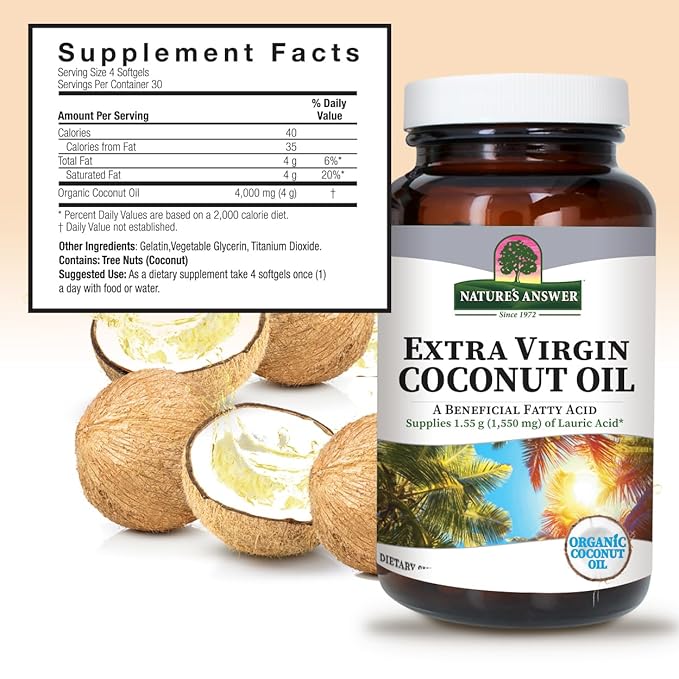 Nature's Answer Extra Virgin Coconut Oil Softgels Organic Coconut Oil Multi-Purpose Non-GMO Ideal for For Hair Skin Body Moisturizer (Pack of 2)