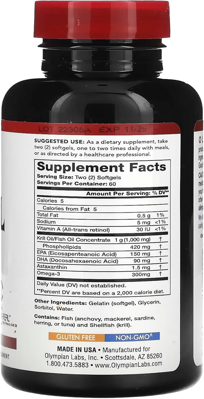 Olympian Labs Krill Oil Softgels 120 Count Antarctic KrillOil Plus Fish Oil and Added Astaxanthin – 1000mg per Serving.
