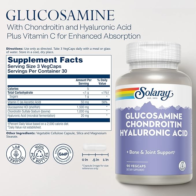 SOLARAY Glucosamine Chondroitin and Hyaluronic Acid 1500mg/1000mg/20mg 90 Capsules