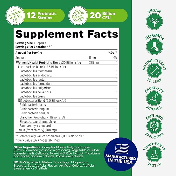 Probulin Womens Probiotic - Vaginal UT Gut &amp Immune Health with Lactobacillus Reuteri - 20 Billion CFU 12 Probiotic Strains &amp Prebiotics - 30 Vegan Gluten Free Capsules for Whole-Body Well