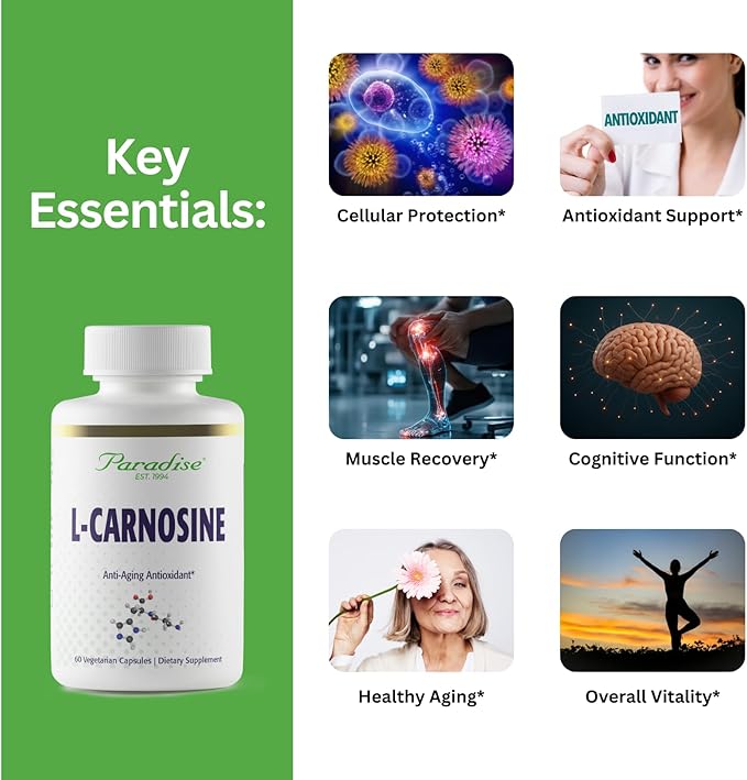 Paradise Herbs L-Carnosine Super Potent Ultra Pure Antioxidant Vegan Non GMO Gluten Free 60 Vegetarian Capsules