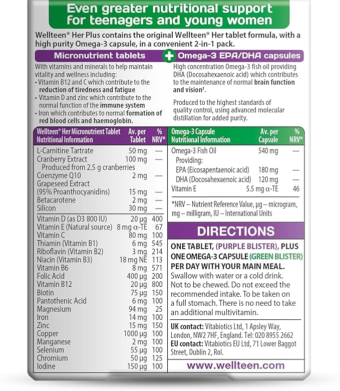 UK's Well Teen Her Plus Omega-3 - Advanced Nutritional Support for Teenagers and Young Women Ages 13-19 - 56 Tablets and Capsules