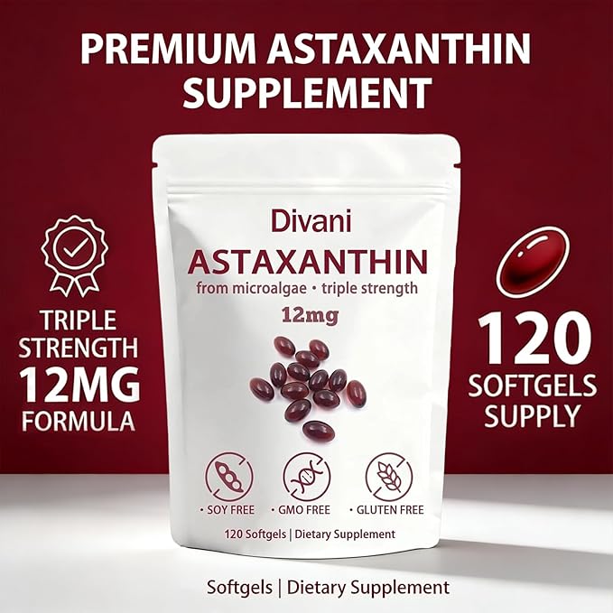 Divani Astaxanthin 12mg Softgel ValAsta Antioxidant Supplement Easy-to-Swallow Softgels Daily Wellness &amp Skin Support Non-GMO Gluten Free 120 Softgels