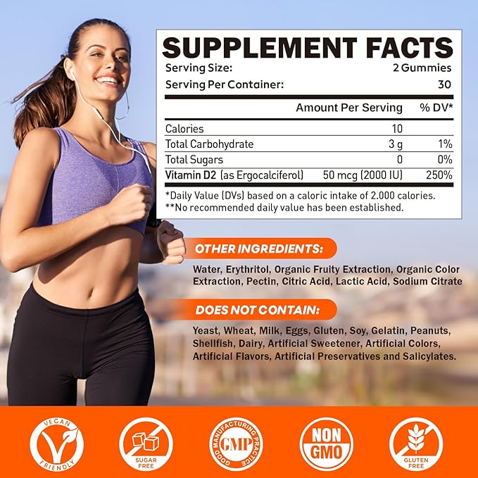 Vitamin D2 Gummies 2000 IU Plant-Based Vitamin D Supplement from Whole Mushroom for Bone Muscle &amp Immune Support Daily Sunshine Supply Vegan Non-GMO Orange 60 Chews