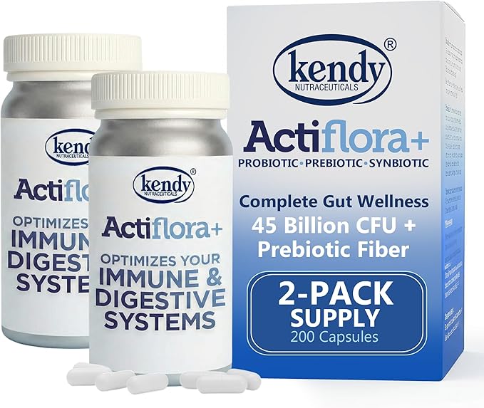 Kendy Actiflora Probiotic + Prebiotic &amp Synbiotic Capsules – Advanced Formula w/L. bulgaricus for Digestive Health &amp Gut Balance – 45 Billion CFU Daily Supplement – 200 Capsules (2 Packs)
