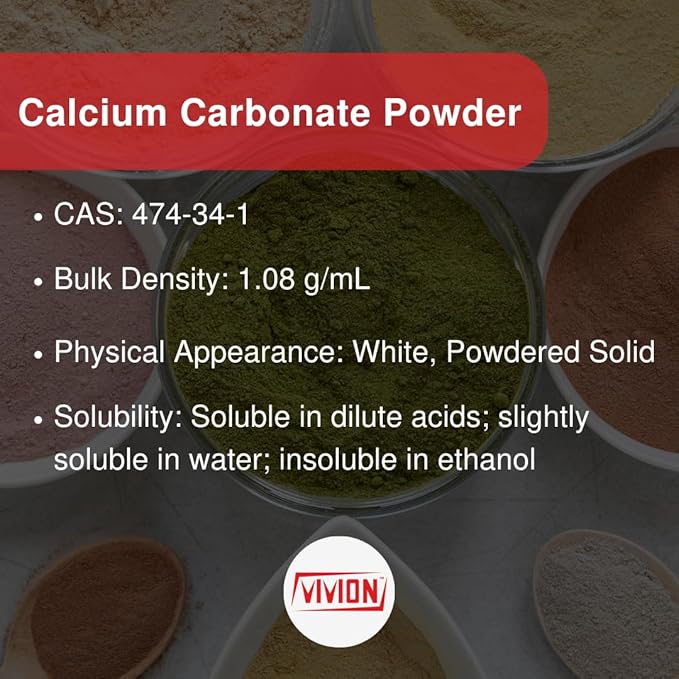 Calcium Carbonate Powder - 1000 Grams - Food Grade Limestone Ingredient - Wine Deacidification &amp Anticaking Antacid Supplement Excipient - Chalk Paint Filler Whiting Window Treatment 1 kg (2.2 lb)