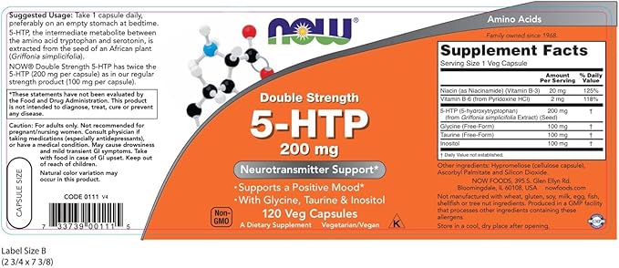 Now Foods Double Strength 5-HTP 200 mg (120 vc) 6 Pack
