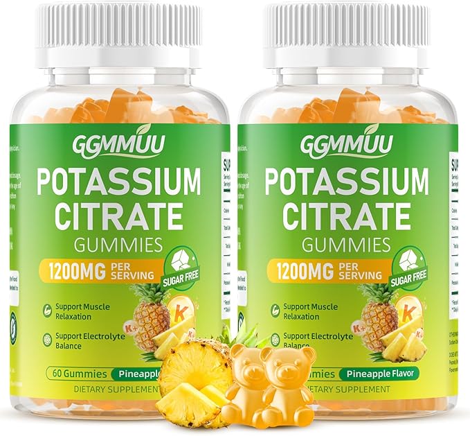2 Pack Potassium Citrate Gummies 1200mg Sugar-Free Potassium Supplement for Adults &amp Kids - Supports Muscle Health Leg Cramps &amp Electrolyte Balance Vegan Pineapple Flavor 120 Count