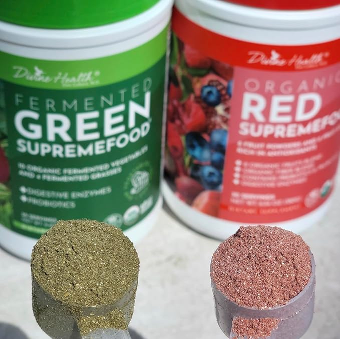 Divine Health Dr. Colbert MD Superfood Package | 30 Servings of Green Supremefood &amp Red Supremefood 14 Organic and Fermented Green Vegetables and Grasses | 8 Organic Fruits