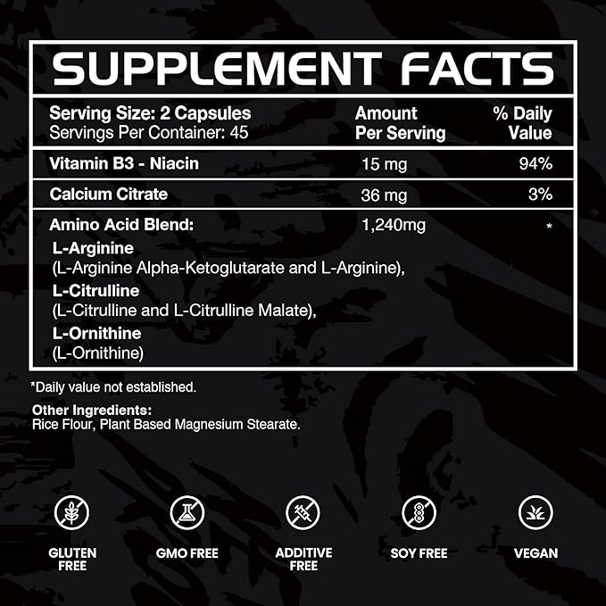 Gains in Bulk L Arginine Amino Acids Supplement for Nitric Oxide Support Supplements for Men with L-Arginine L Citrulline and L Ornithine Muscle Pump Energy and Heart Health Support 90 Capsules