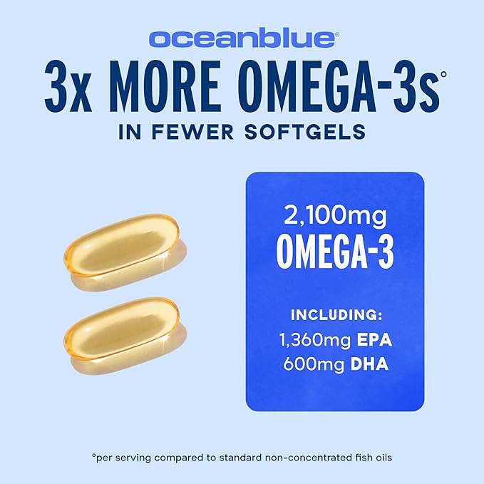Oceanblue Professional Omega-3 2100mg Fish Oil Supplement - Triple Strength High Potency EPA DHA &amp DPA - Burpless Wild-Caught Natural Orange Flavor - 138 Softgels