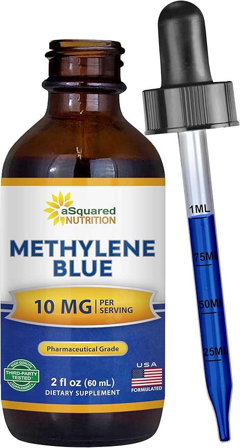 aSquared Nutrition Methylene Blue Drops - 1% Pharmaceutical Grade Liquid Supplement for Humans - 10mg USP Grade w/Vitamin C - No Formaldehyde - Brain &amp Energy Alternative to Capsules (2 fl oz)