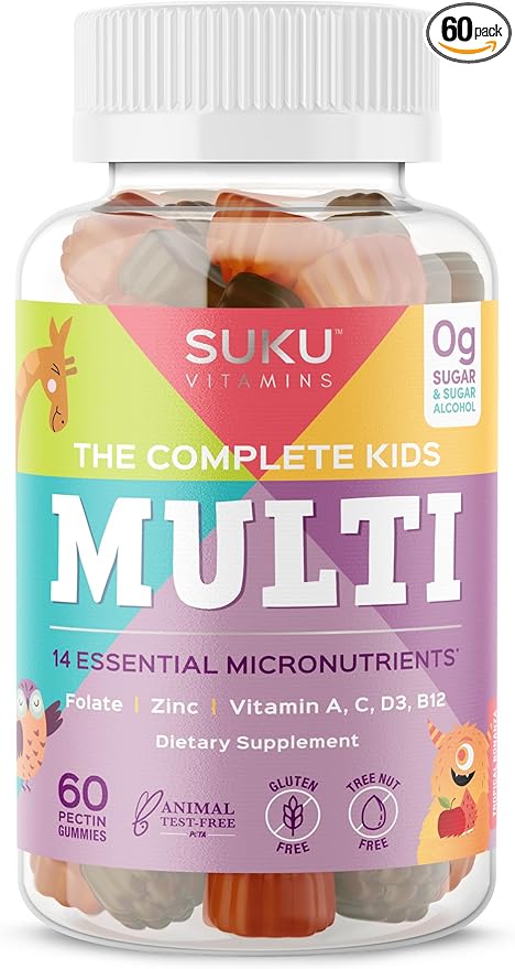 SUKU The Complete Kids Multivitamin Gummies – Vitamins A C D E B6 B12 Folate &amp Zinc – Immune Support Sugar-Free Gluten-Free Non-GMO Tropical Bonanza Flavor – 60 Count