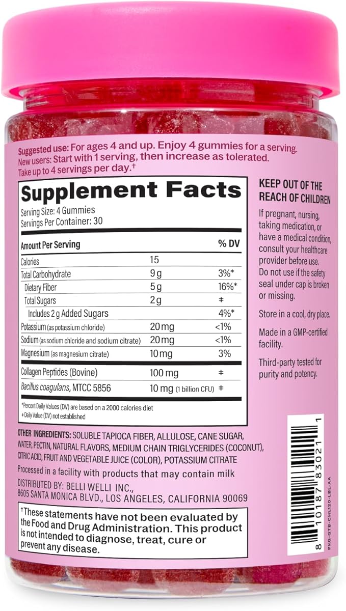 Belli Welli Fiber 4-in-1 Fiber Gummies Supplement with Added Probiotics Collagen and Electrolytes for Regularity and Bloat Relief 120 Count (Cherry Limeade)