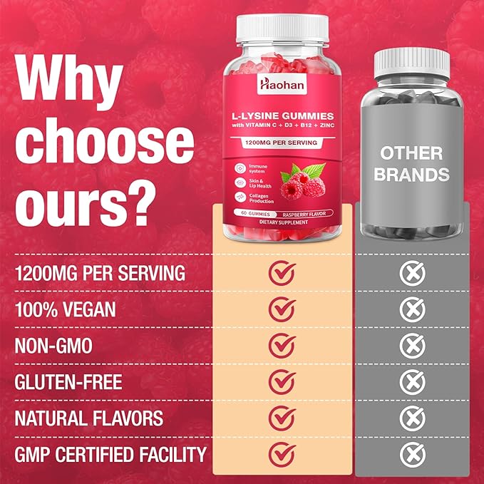 Haohan L-Lysine 1200mg Gummies for Immune Support &amp Skin Health - High Potency Vegan Gummies Sugar-Free Raspberry Flavor for Adults &amp Kids - 120 Count
