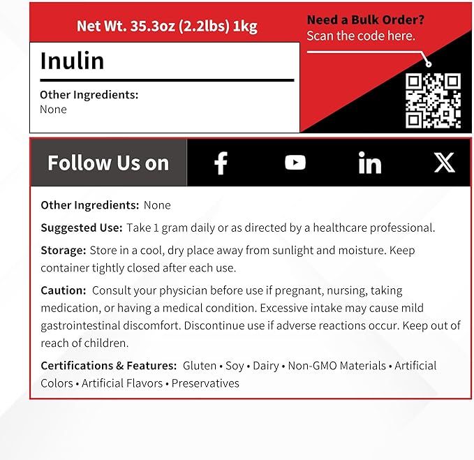 Inulin Powder - 1 kg (2.2 lb) - Chicory Root Extract - Fiber Prebiotic Bulk Manufacturing Ingredient