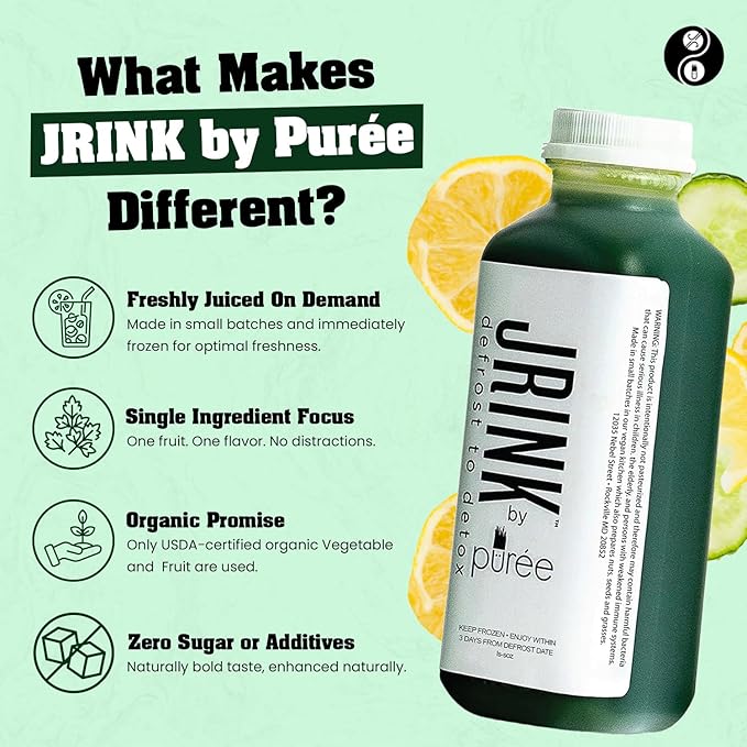 JRINK by Purée Daily Green Juice Cold Pressed Organic Fruit and Vegetable Blend Detox Cleanse Healthy Raw Greens Drink No Preservatives Juice Cleanse 16oz HDPE Bottles Pack of 24