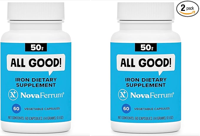 NovaFerrum All Good | Iron Capsule Supplements for Adults | Anemia | 50mg of Iron | 60 Servings | Sugar Free | Vegan | Gluten Free (Pack of 2)