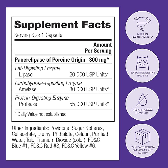 Pancreatic Digestive Enzymes 20000 Lipase USP Units – High-Potency Pancreatic Digestive Enzyme Supplement for Gas Bloating &amp Indigestion Relief–Gut Health &amp Nutrient Absorption – 50 Capsules