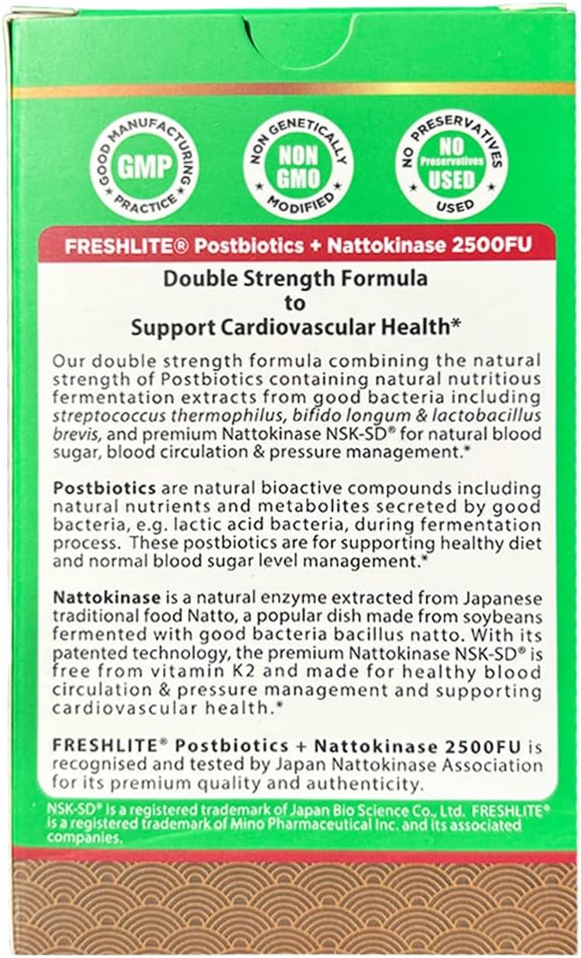 FRESHLITE 2500FU Premium NSK-SD Nattokinase &amp Vegan Postbiotics for Cardiovascular Support | Blood Pressure Cholesterol &amp Heart Health | JNKA Certified | Non-GMO Gluten-Free 60 Capsules Jap