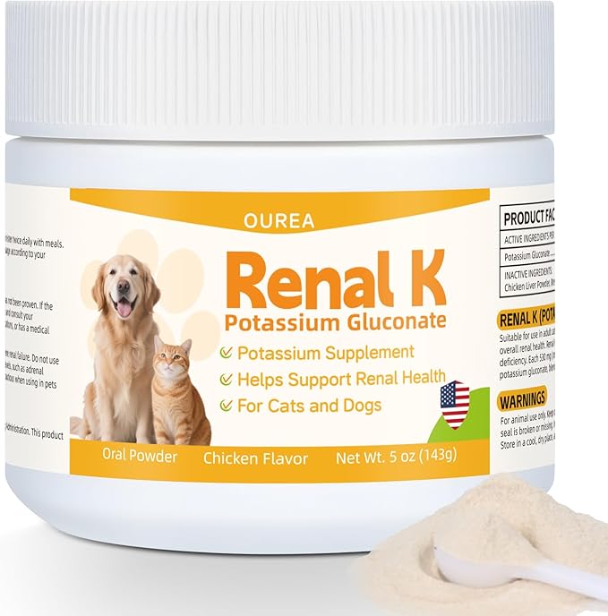 Renal K Potassium Gluconate for Dogs &amp Cats – 2.2 mEq per Scoop – Supports Kidney Function Restores Potassium Levels – Boosts Energy – Muscle Strength – Vet-Recommended