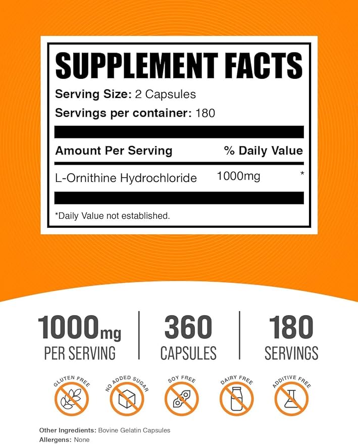 BulkSupplements.com L-Ornithine HCl Capsules (360 Count (Pack of 1)
