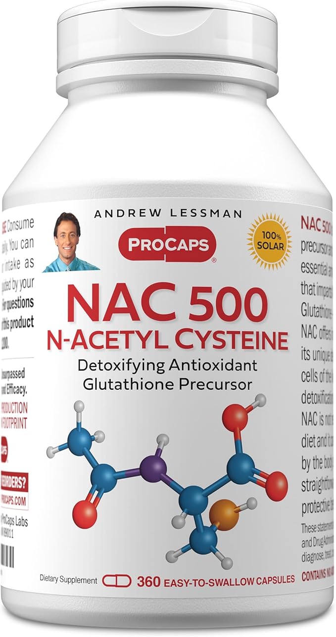 ANDREW LESSMAN NAC-500 N-Acetyl Cysteine 360 Capsules - Helps Combat Daily Onslaught of Damaging Free Radicals Protects Brain Heart Lungs Liver Kidneys. Detoxifying Anti-oxidant. No Additives