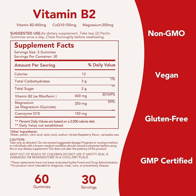 Vitamin B2 Gummies 400mg | Riboflavin 400mg with CoQ10 150mg Magnesium 200mg | B2 Vitamin 400mg for Kids &amp Adults Nervous System &amp Skin Health | 60 Vegan Chewables（Pack 2