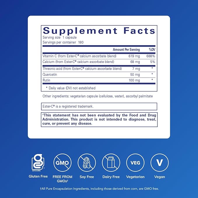 Pure Encapsulations Ester-C &amp Flavonoids - Vitamin C Supplement for Antioxidants - Immune &amp Vascular Support* with Calcium &amp Rutin - Gentle on Digestion - Vegan &amp Non-GMO - 180 Capsule