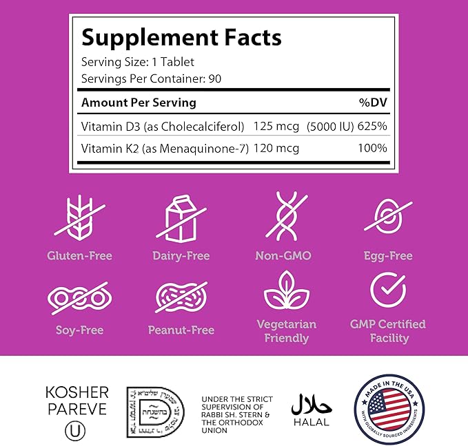 Zahler - Vitamin D3 &amp K2 Chewable Supplement (90 Count) - Certified Kosher K2 D3 Vitamin 5000 IU Delicious Chew Tablet - Vitamin D &amp K2 for Calcium Absorption Bone Density &amp Immune Suppor