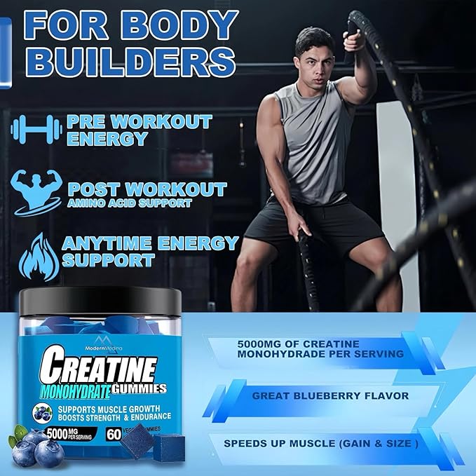 Creatine Monohydrate Gummies Blueberry Flavor Creatine Gummy with 5000mg per Serving 120 Count Vegan Dietary Supplement for Muscle Growth Strength Endurance