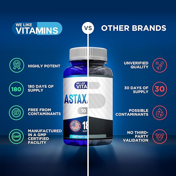 We Like Vitamins Astaxanthin 10mg Softgel - Highly Potent Astaxanthin Supplements from Haematococcus Pluvialis - Improves Eye Joint Skin Health &amp Energy Levels - 180 Servings 6 Month Supply