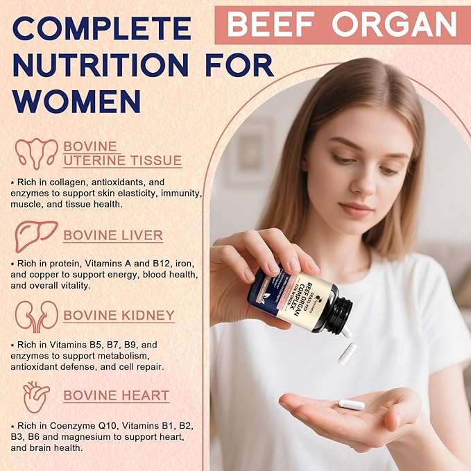 Female-Optimized Beef Organ Complex Superfood Supplement Beef Liver Kidney Heart Uterus &amp 6 More Balance Hormones Energy &amp Women's Overall Wellness with Milk Thistle Zinc Grass-Fed 6
