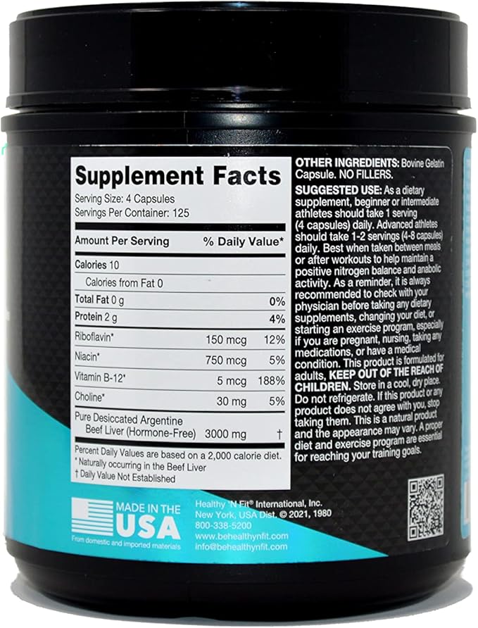 Healthy 'N Fit Triple Potency Liver (500 Capsule Mega-Value) - Pure Argentine Desiccated Beef Liver. Grass Fed Hormone Free Pasture Raised No Fillers.