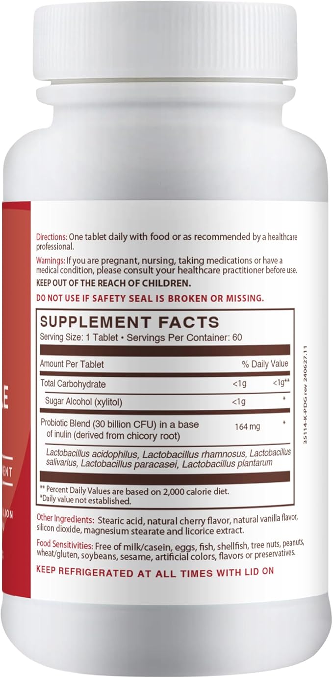 Chewable Probiotic 30 Billion CFU Pleasant Cherry Flavor Probiotics for Digestive Health Propietary Blend of Probiotics Including Acidophilus Kosher (60 Tablets)