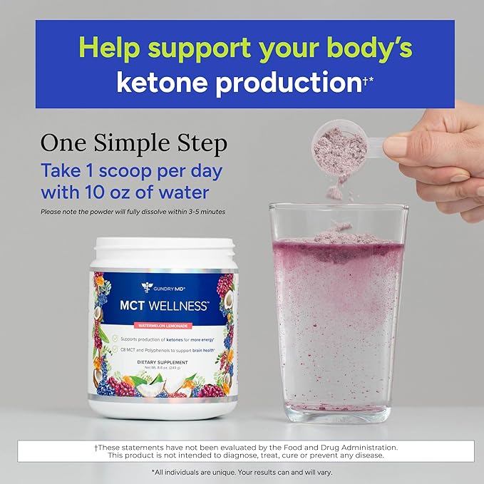 Gundry MD MCT Wellness Powder to Support Energy Ketone Production and Brain Health Keto Friendly Sugar Free (30 Day Supply Watermelon Lemonade)