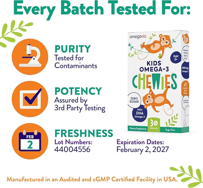 OmegaVia Omega 3 Chewies - Ultra-High DHA Chewables - Omega 3 for Kids Supports Brain &amp Eye Health - Sugar-Free Natural Fruit Flavor - Kids Omega 3 Fish Oil Chewies (30 Count)