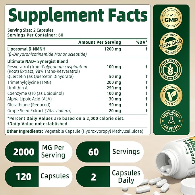NMNH Supplement 2000mg Liposomal Nicotinamide Mononucleotide Alternative for NAD+ and Healthy Aging - with Resveratrol Urolithin A TMG CoQ10 - 120 Capsules (β-Dihydronicotinamide Mononucleotide)