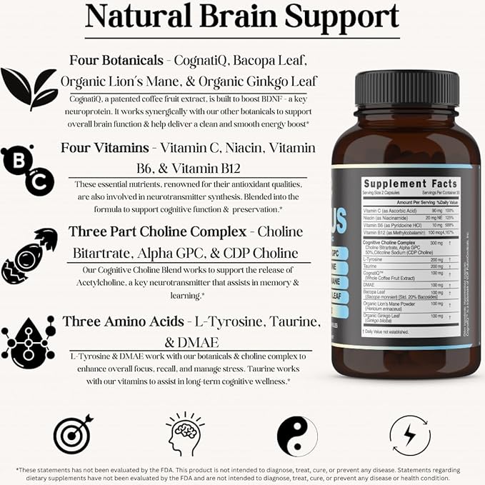 Focus 14-in-1 Nootropic Brain Supplement with Lions Mane Alpha GPC Choline Vitamin C &amp B12 Taurine Bacopa - Energy Cognitive Memory Support 60 Filler Free Capsules