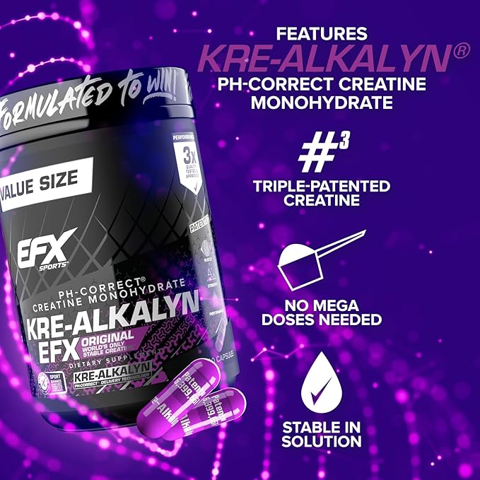 EFX Sports Kre-Alkalyn EFX | pH Correct Creatine Monohydrate Pill Supplement | Strength Muscle Growth &amp Performance | 200 Servings 400 Capsules