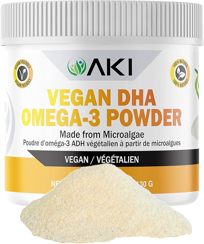 AKI Omega 3 DHA Micro Algae Powder Supplements - Plant Based Keto Vitamin - Alternative to Fish or Krill Oil - Vegan &amp Non-GMO (4.58oz/130g)