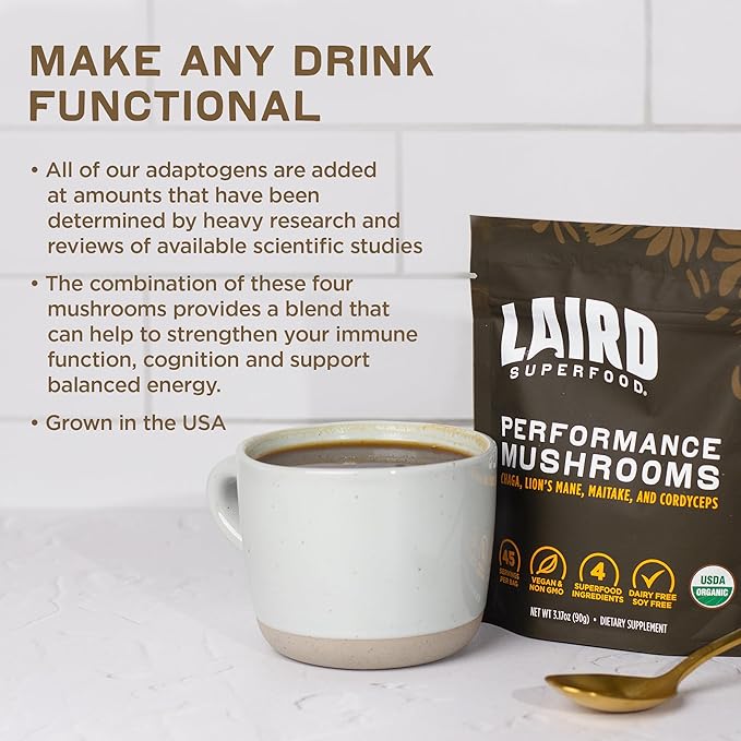 Laird Superfood Organic Performance Mushroom Blend with Chaga Cordyceps Lion's Mane and Maitake for Energy and Cognition 3.17 oz. Bag Pack of 1