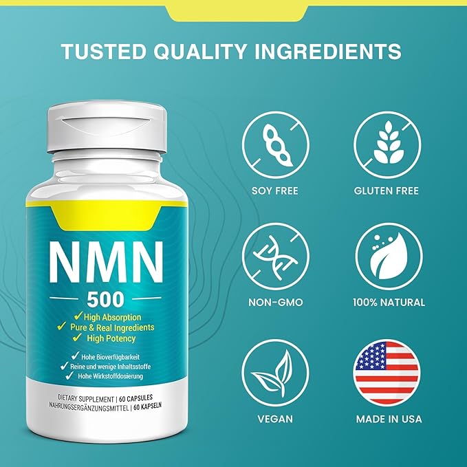 Vegan NMN Supplement 500mg Higher Absorption - 99% Pure NMN (Nicotinamide Mononucleotide)for NAD+ Cellular Energy Immune Muscle Anti-Aging &amp Longevity Stabilized NMN - 60 Capsules (60 Days Sup
