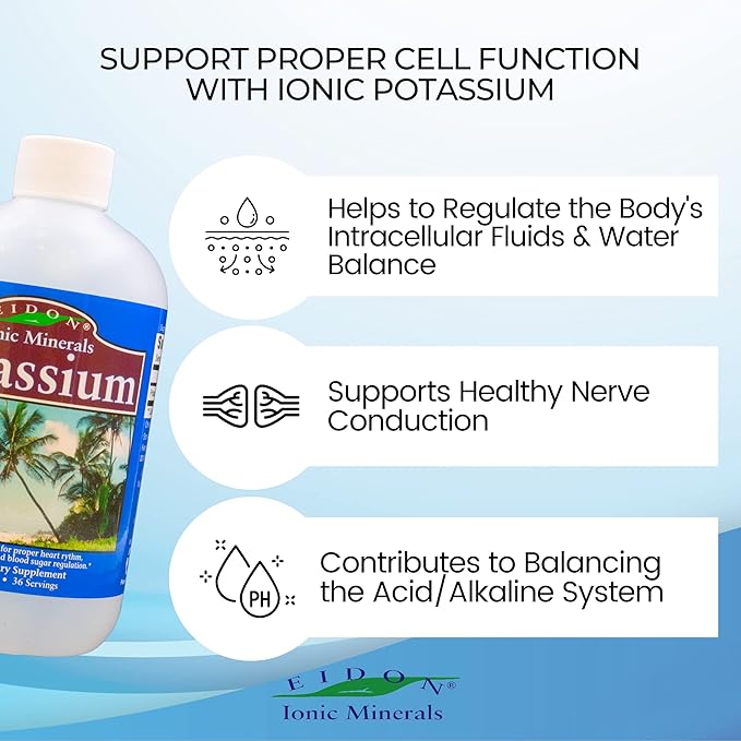 Eidon Liquid Potassium Supplement - Potassium Chloride Drops Essential Electrolyte for Cell Function Bioavailable Ionic Minerals All Natural No-Preservatives or Additives - 18 oz (Pack of 2)